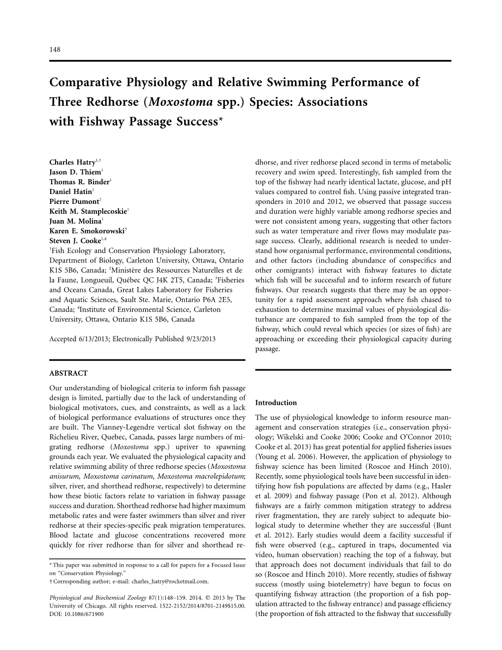 Comparative Physiology and Relative Swimming Performance of Three Redhorse (Moxostoma Spp.) Species: Associations with Fishway Passage Success*