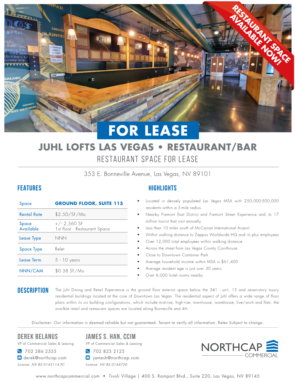 For Lease Juhl Lofts Las Vegas • Restaurant/Bar Restaurant Space for Lease