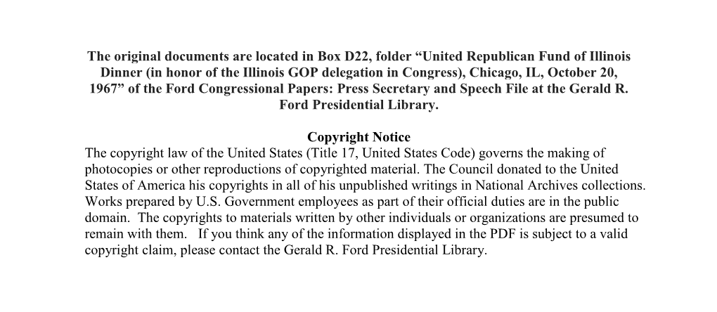 In Honor of the Illinois GOP Delegation in Congress), Chicago, IL, October 20, 1967” of the Ford Congressional Papers: Press Secretary and Speech File at the Gerald R