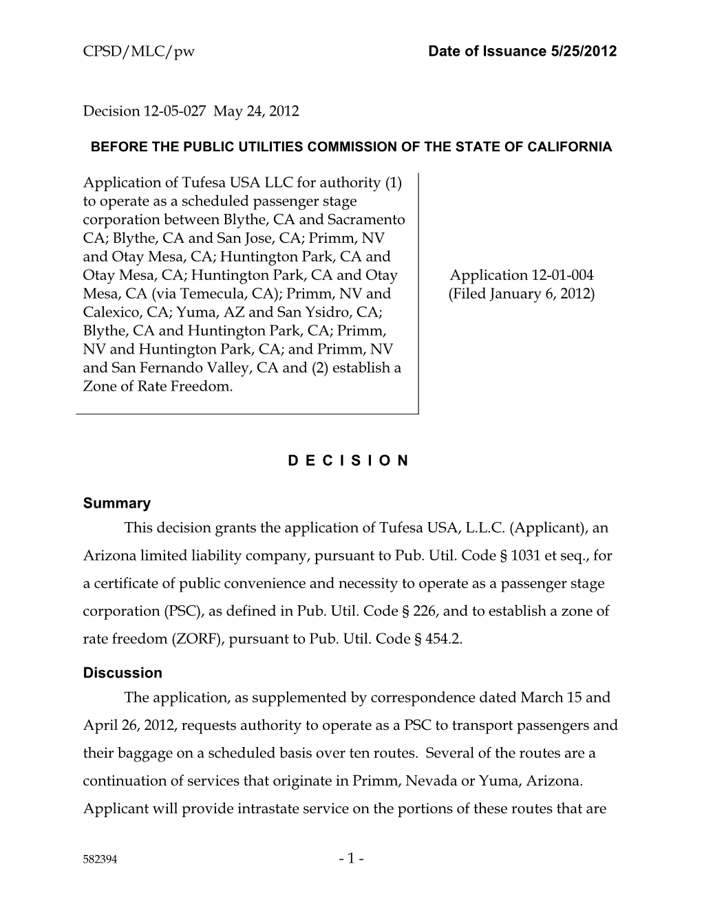 CPSD/MLC/Pw Date of Issuance 5/25/2012