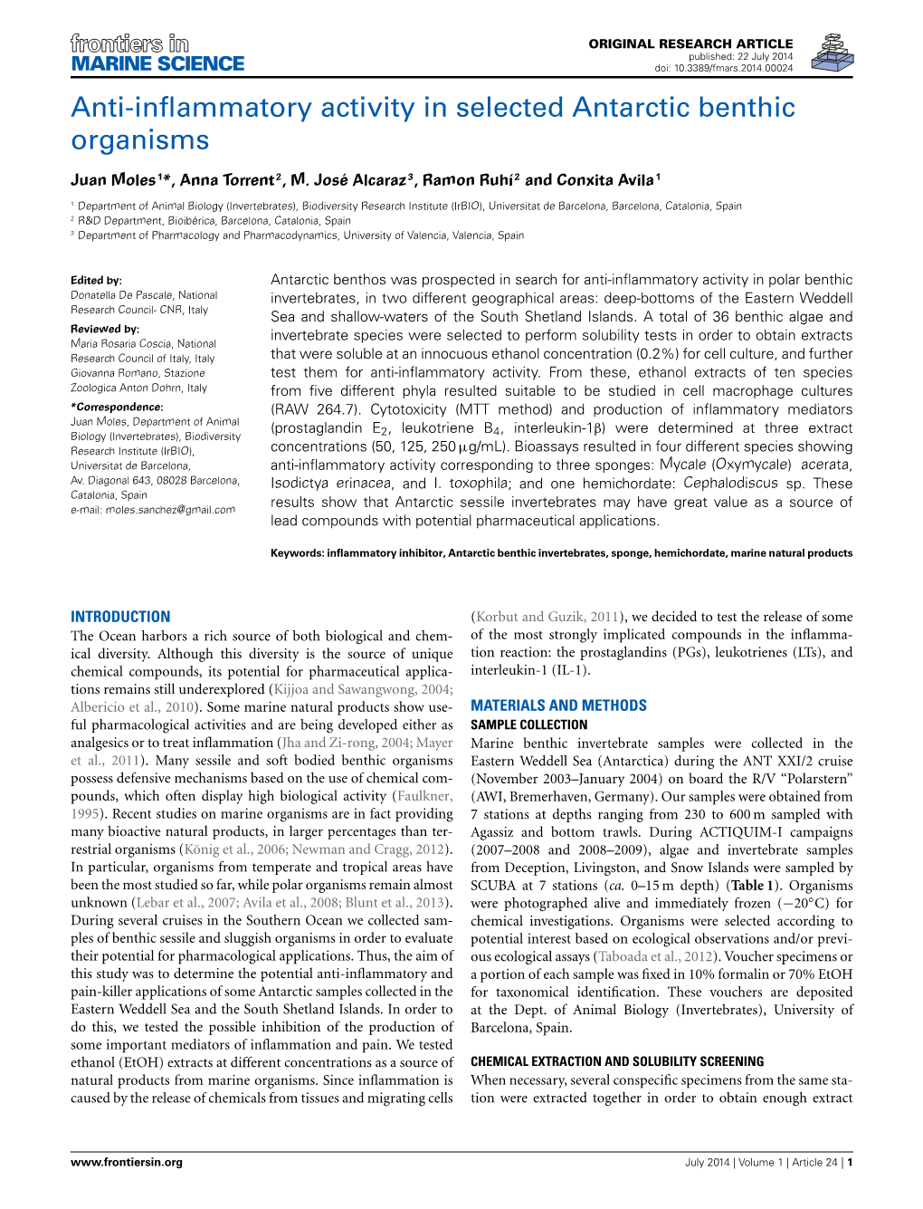 Anti-Inflammatory Activity in Selected Antarctic Benthic Organisms