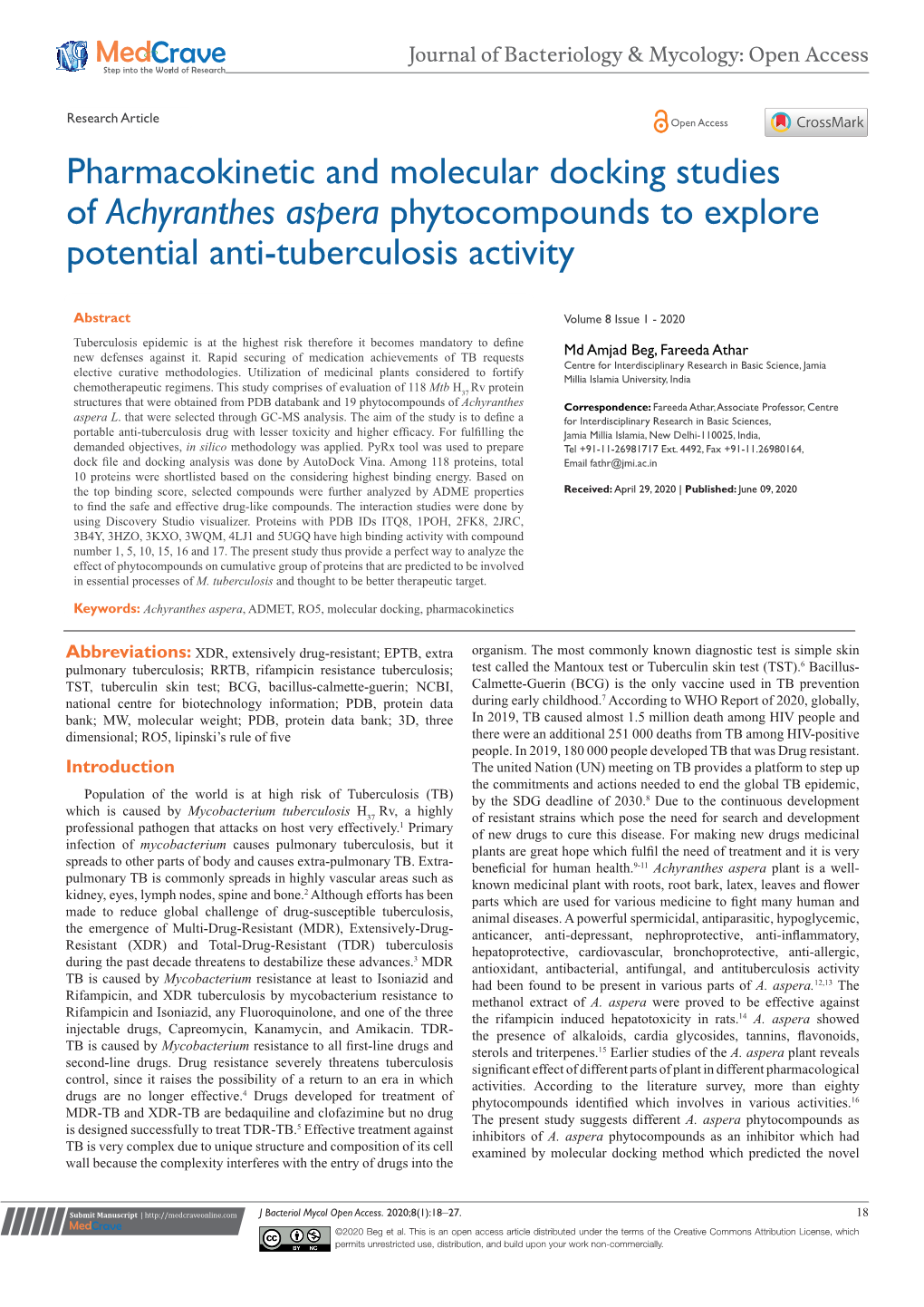 Pharmacokinetic and Molecular Docking Studies of Achyranthes Aspera Phytocompounds to Explore Potential Anti-Tuberculosis Activity