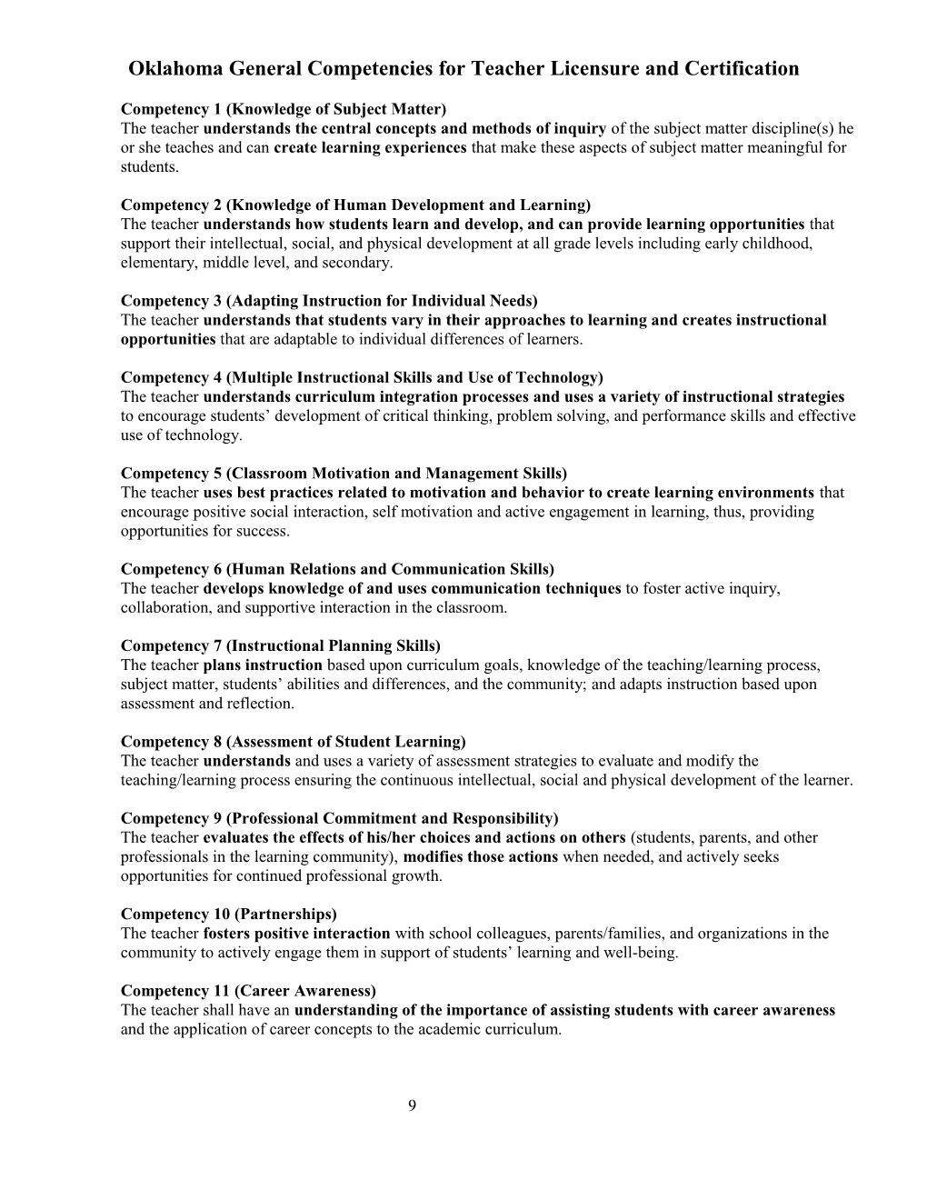 Oklahoma General Competencies for Teacher Licensure and Certification