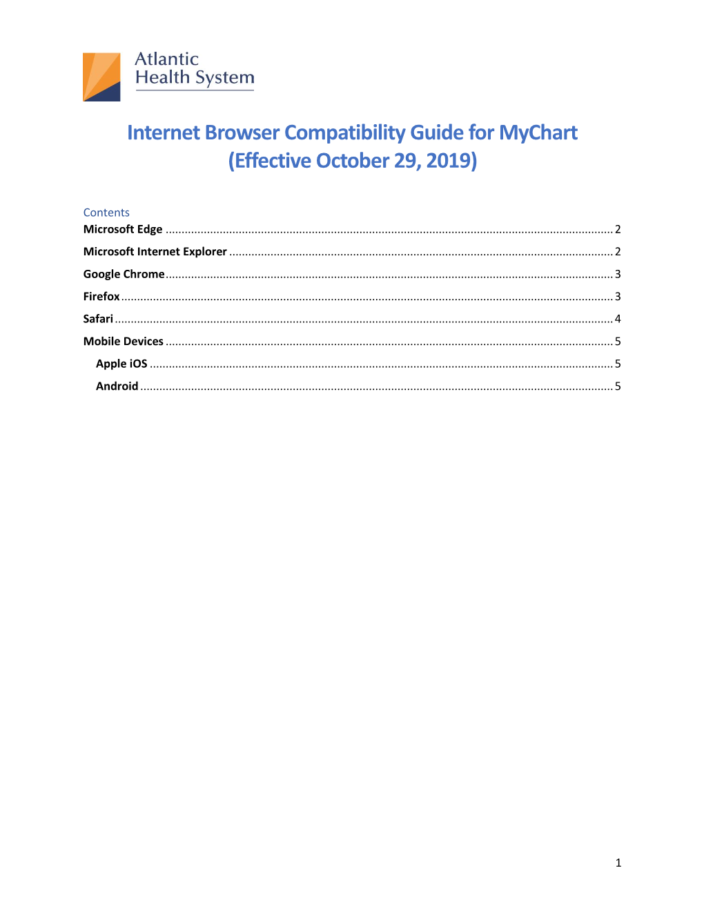 Internet Browser Compatibility Guide for Mychart (Effective October 29, 2019)