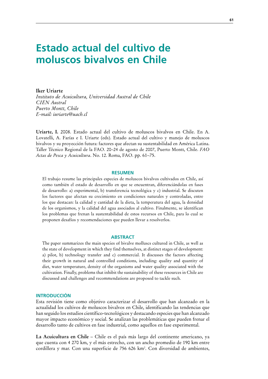 Estado Actual Del Cultivo De Moluscos Bivalvos En Chile