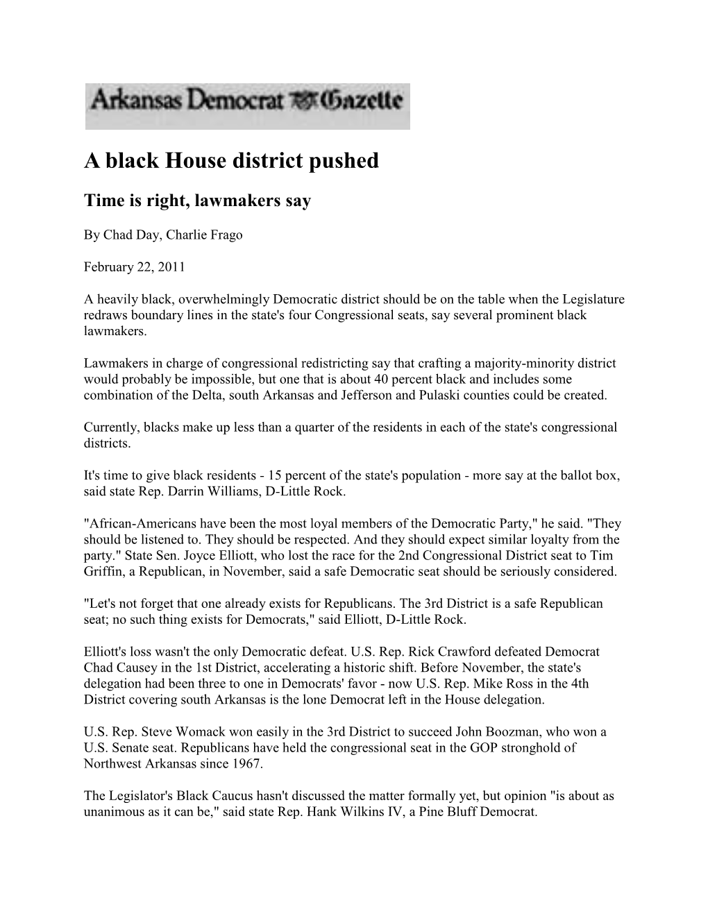 ARKANSAS DEMOCRAT-GAZETTE: a Black House District Pushed