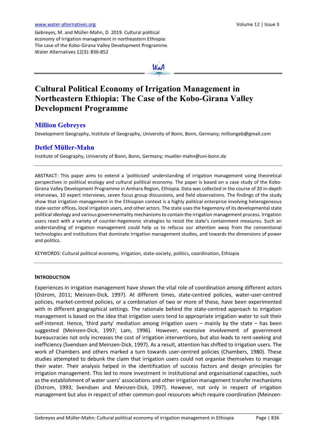 Cultural Political Economy of Irrigation Management in Northeastern Ethiopia: the Case of the Kobo-Girana Valley Development Programme