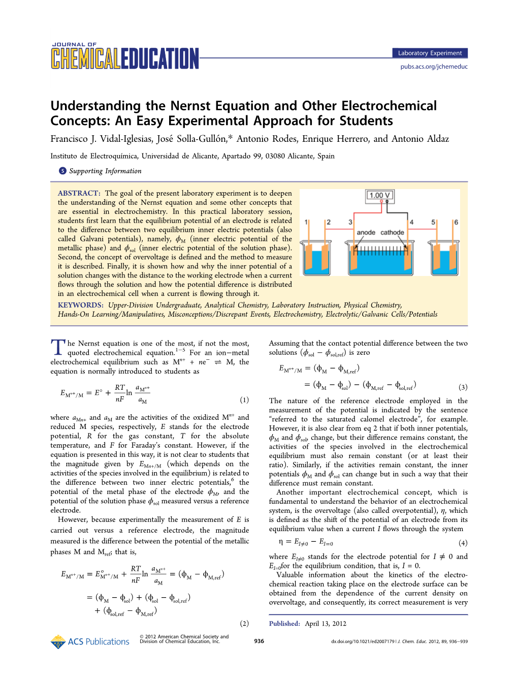 Understanding the Nernst Equation and Other Electrochemical Concepts: an Easy Experimental Approach for Students Francisco J