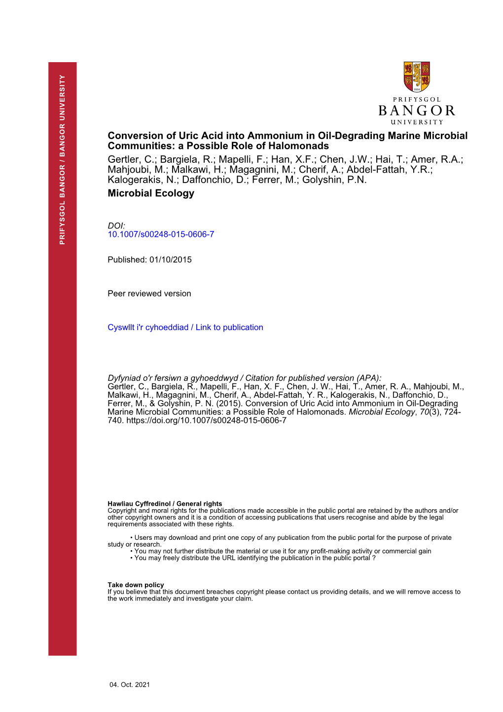 Conversion of Uric Acid Into Ammonium in Oil-Degrading Marine Microbial