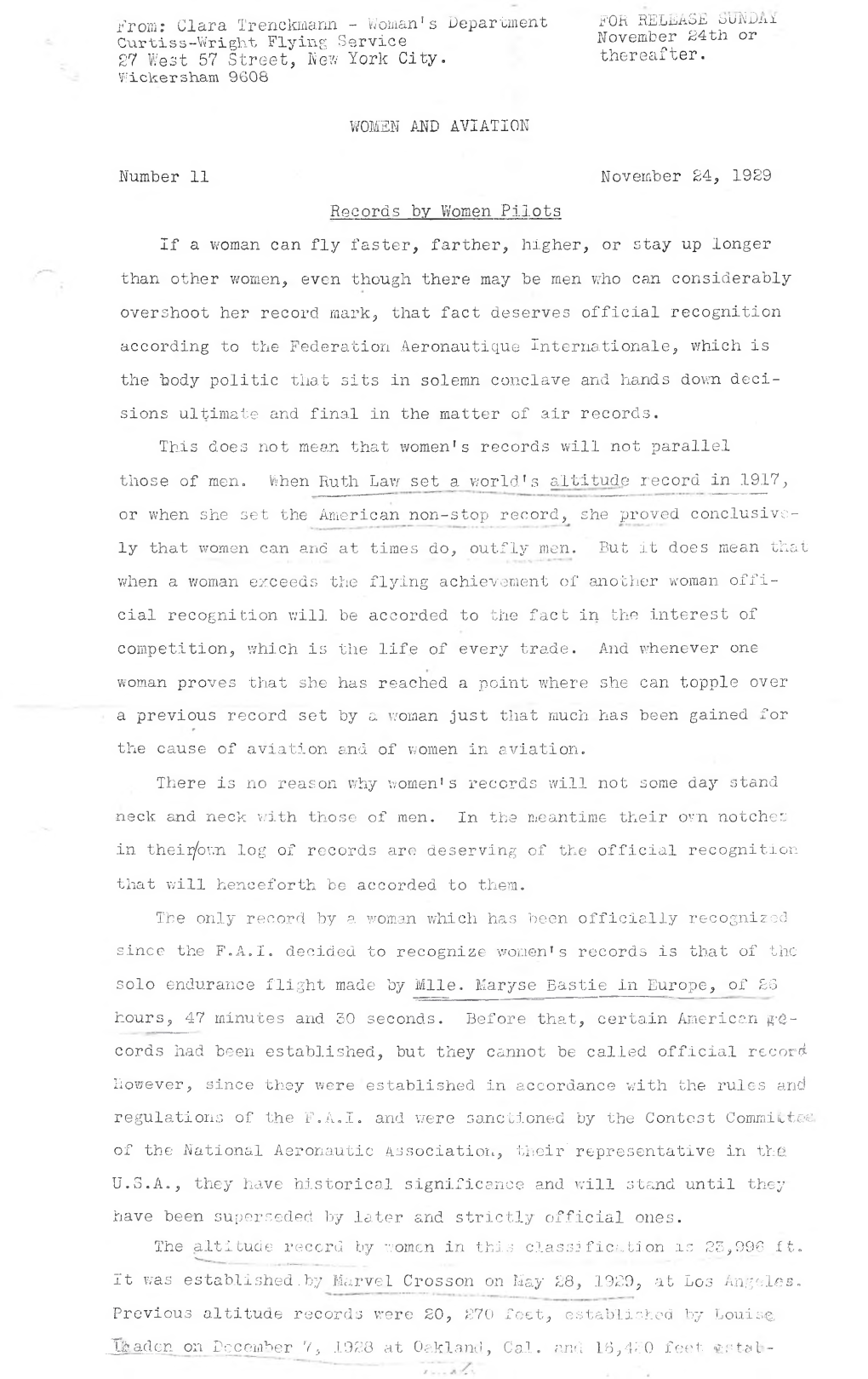 From: Clara Trenckmann - Woman's Department for RELEASE Bundm Curtiss-Wright Flying Service November 24Th Or 27 West 57 Street, New York City