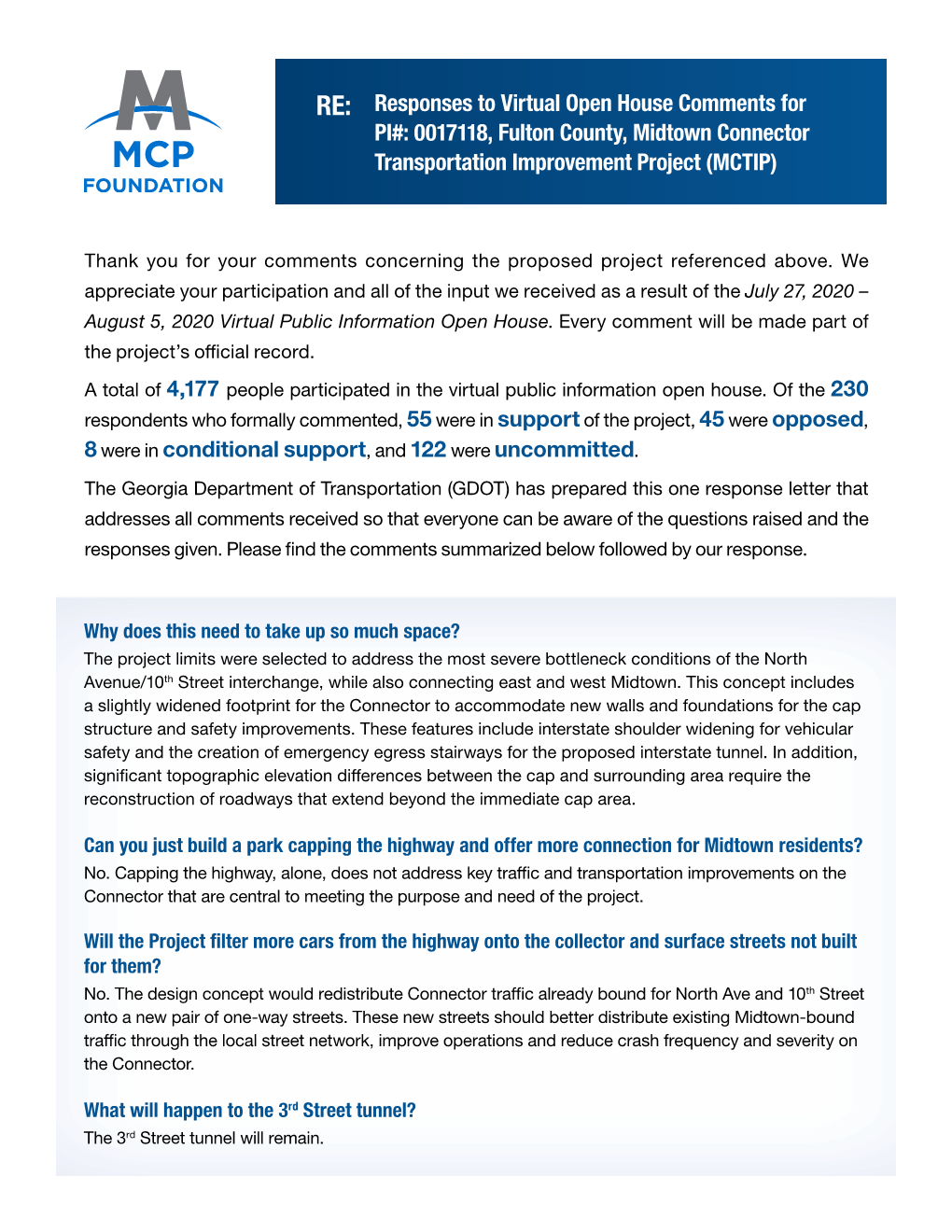 RE: Responses to Virtual Open House Comments for PI#: 0017118, Fulton County, Midtown Connector Transportation Improvement Project (MCTIP)