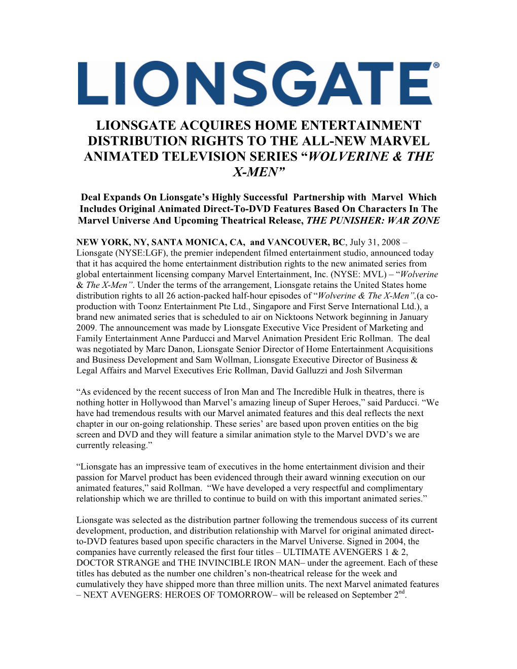 Lionsgate Acquires Home Entertainment Distribution Rights to the All-New Marvel Animated Television Series “Wolverine & the X-Men”