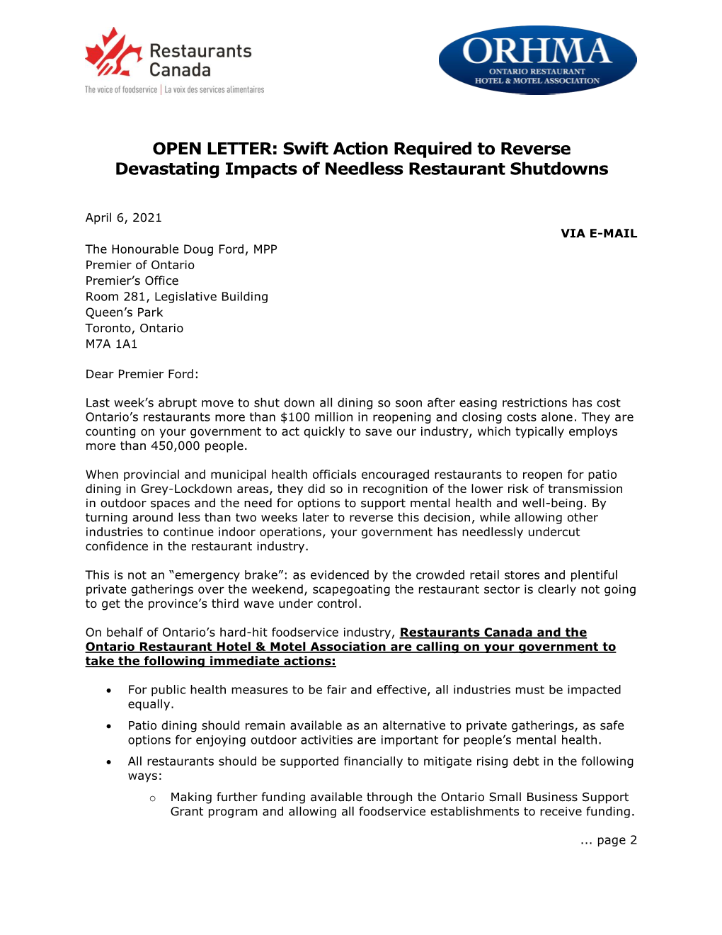 OPEN LETTER: Swift Action Required to Reverse Devastating Impacts of Needless Restaurant Shutdowns