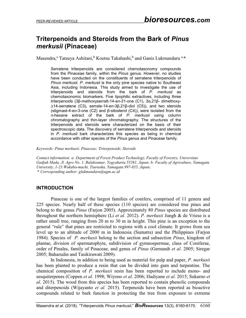 Triterpenoids and Steroids from the Bark of Pinus Merkusii (Pinaceae)