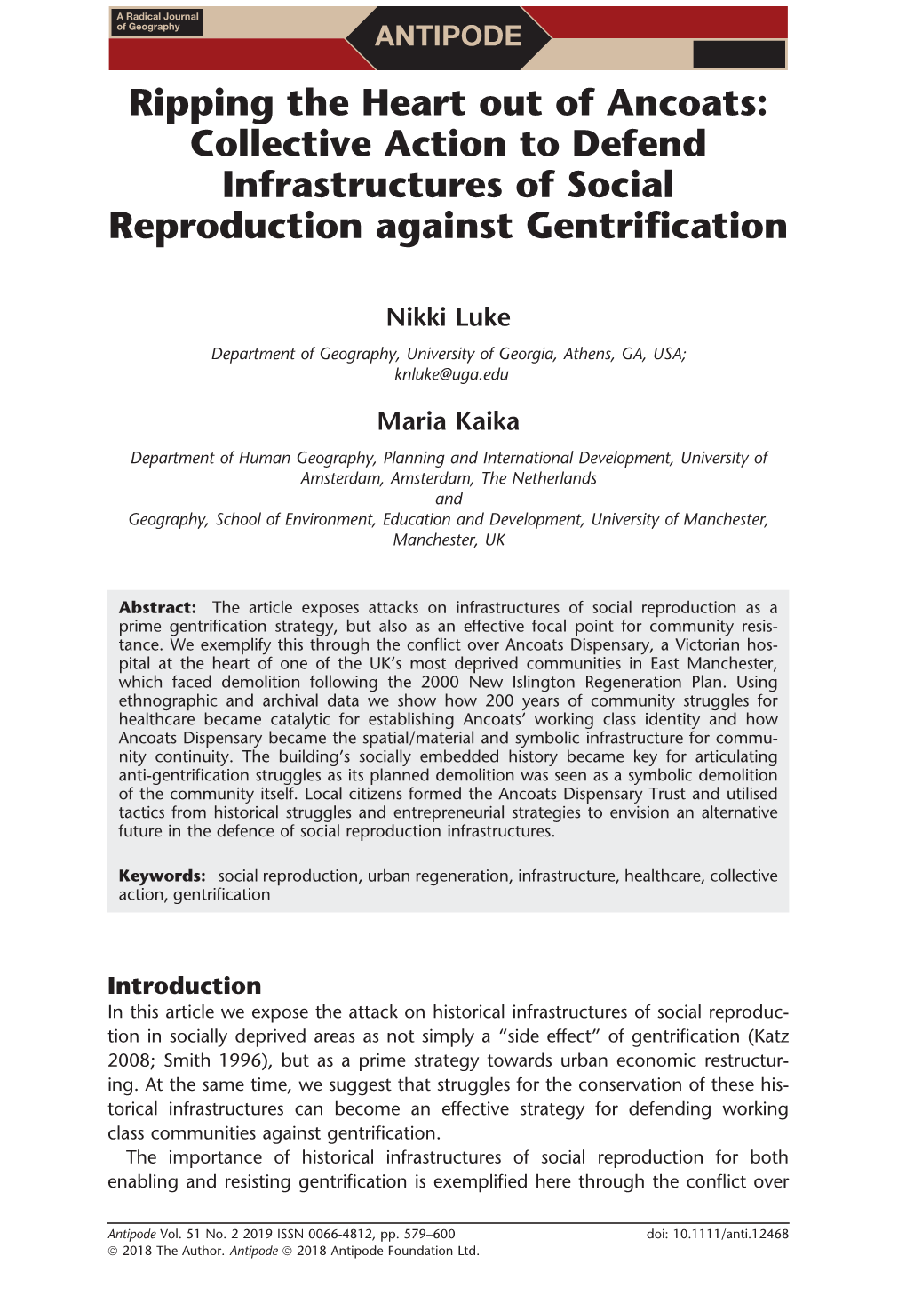 Ripping the Heart out of Ancoats: Collective Action to Defend Infrastructures of Social Reproduction Against Gentrification