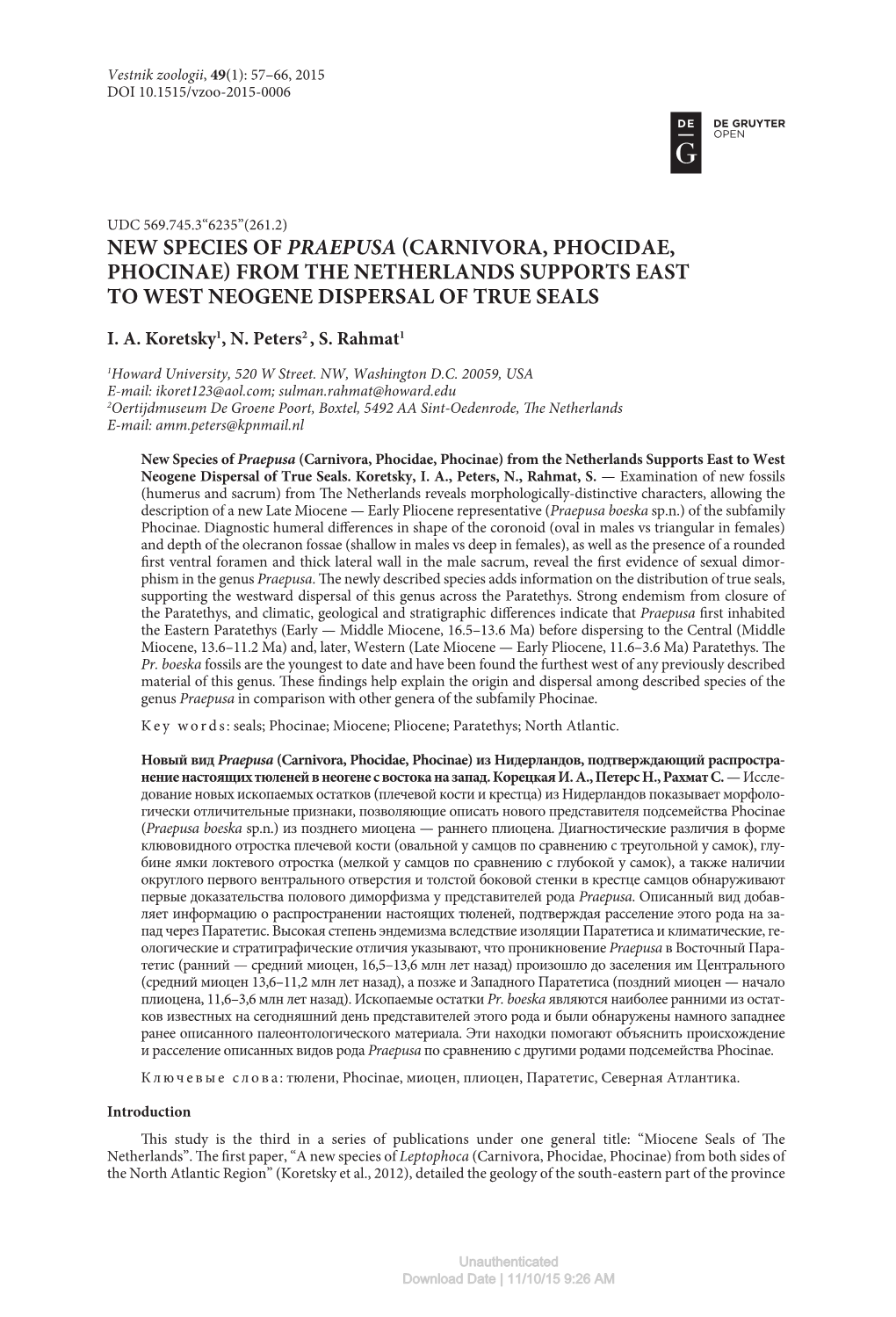 New Species of Praepusa (Carnivora, Phocidae, Phocinae) from the Netherlands Supports East to West Neogene Dispersal of True Seals