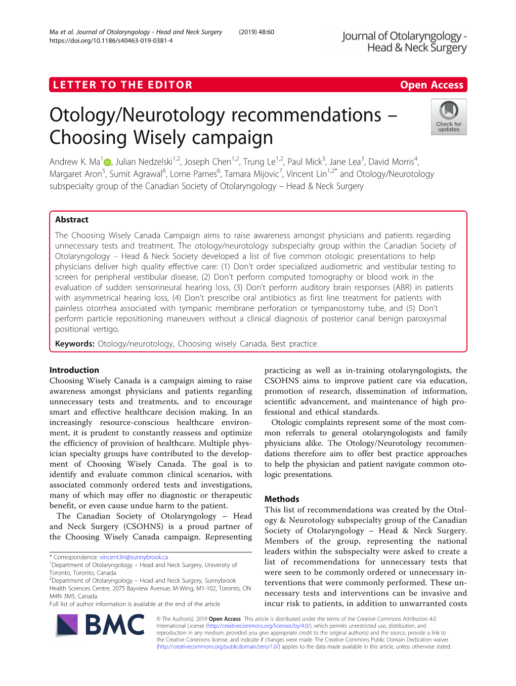 Otology/Neurotology Recommendations – Choosing Wisely Campaign Andrew K