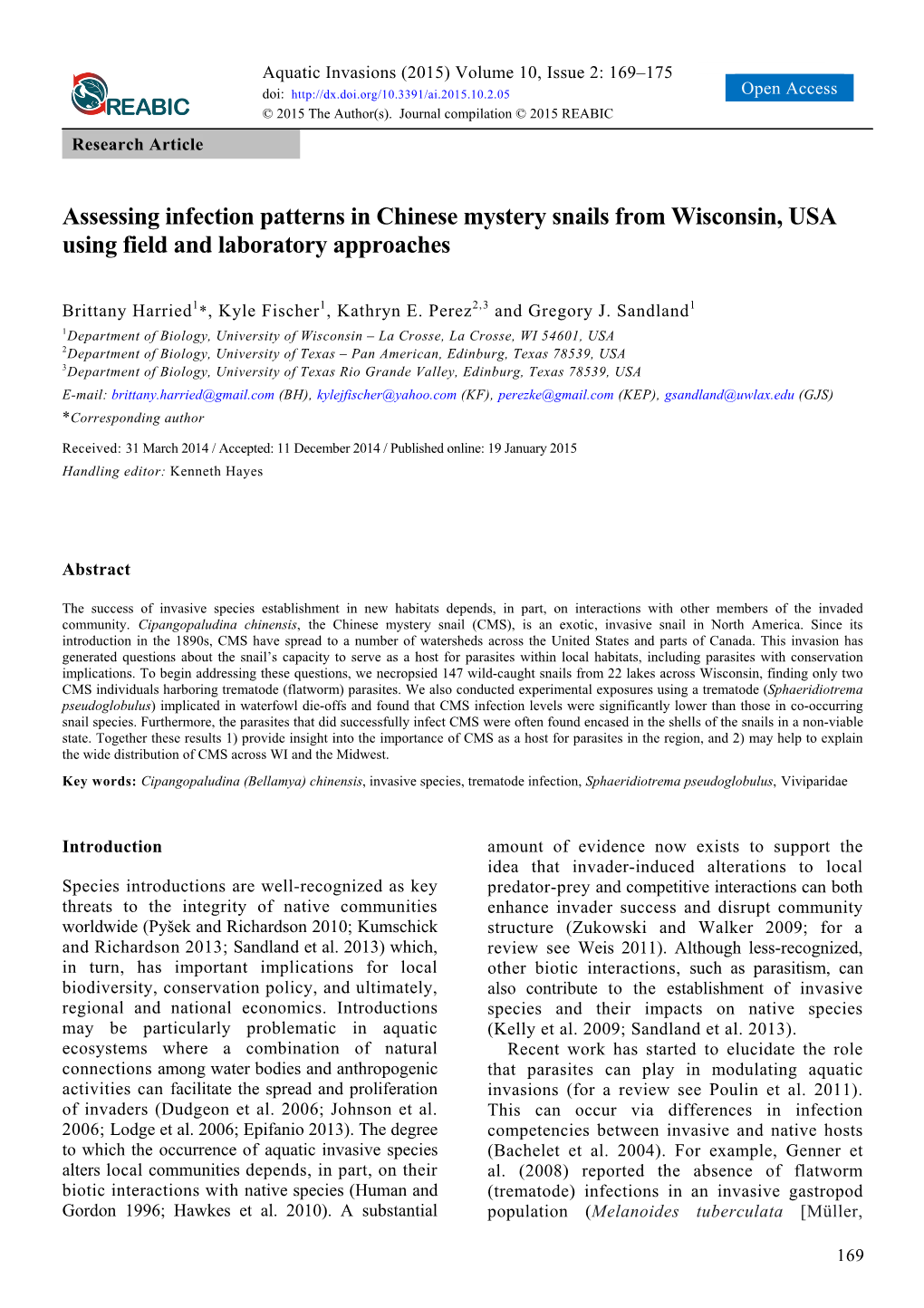Assessing Infection Patterns in Chinese Mystery Snails from Wisconsin, USA Using Field and Laboratory Approaches