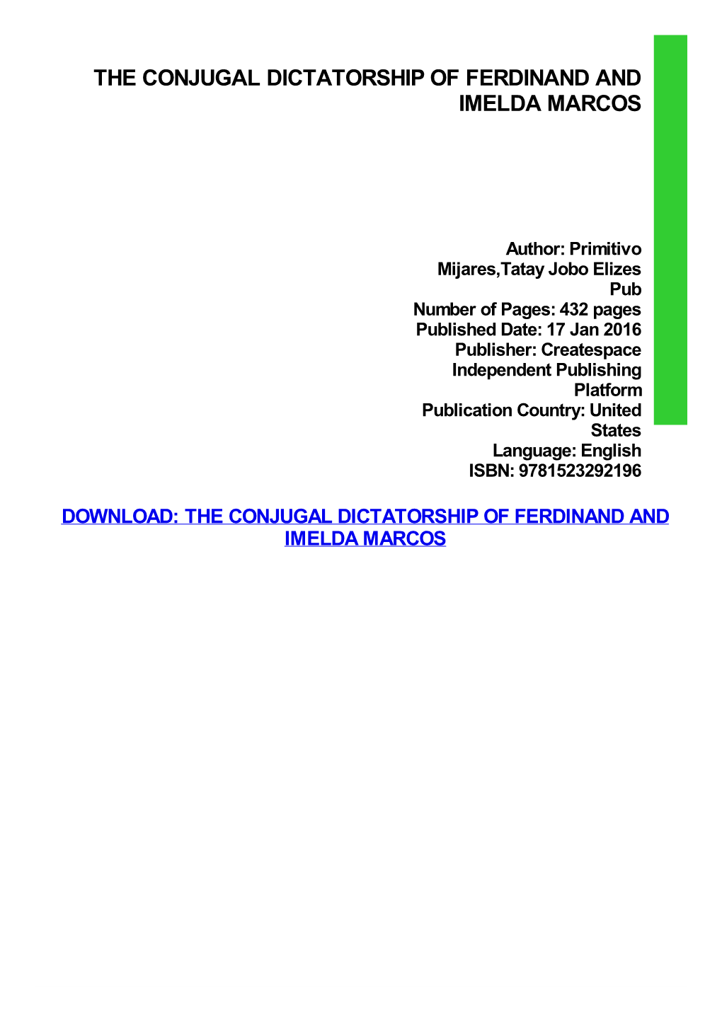 PDF Download the Conjugal Dictatorship of Ferdinand And