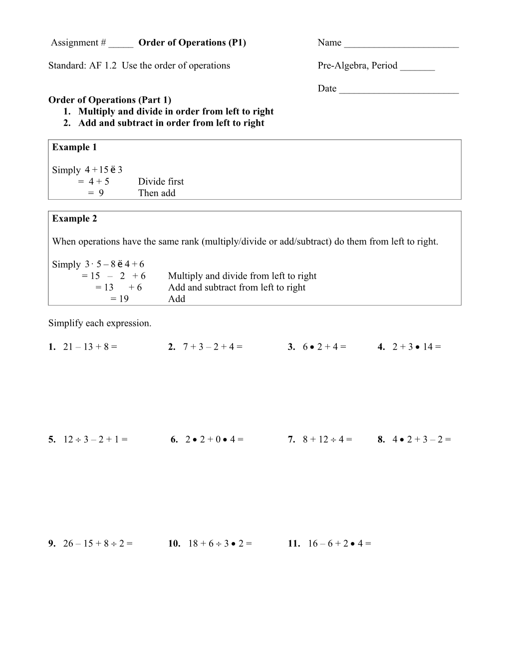 Assignment # _____ - Order of Operations