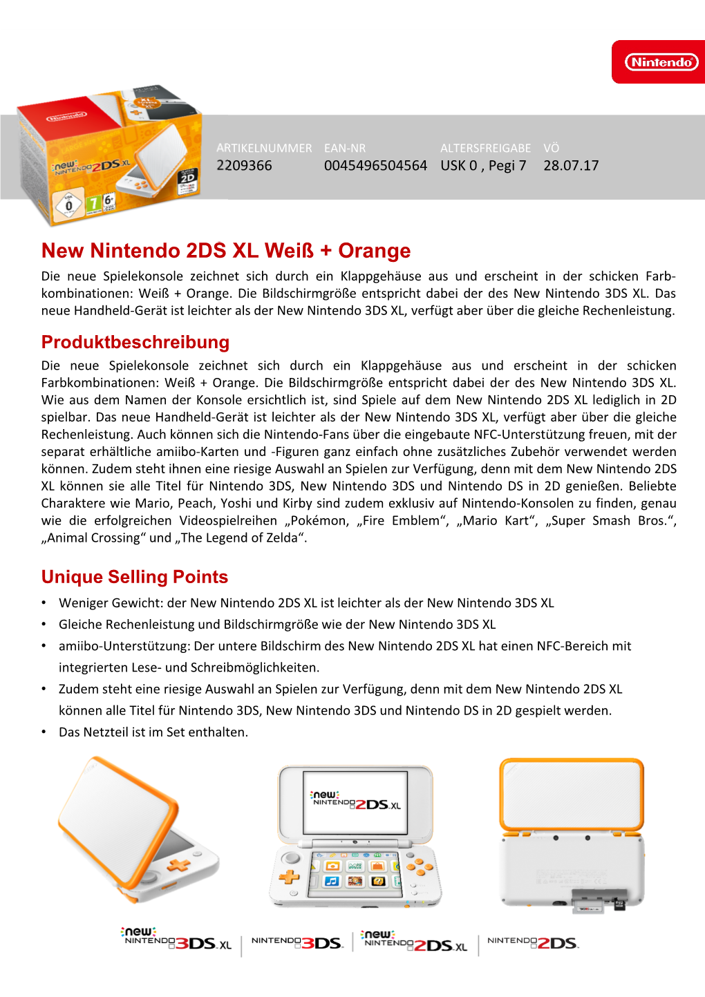 New Nintendo 2DS XL Weiß + Orange Die Neue Spielekonsole Zeichnet Sich Durch Ein Klappgehäuse Aus Und Erscheint in Der Schicken Farb- Kombinationen: Weiß + Orange