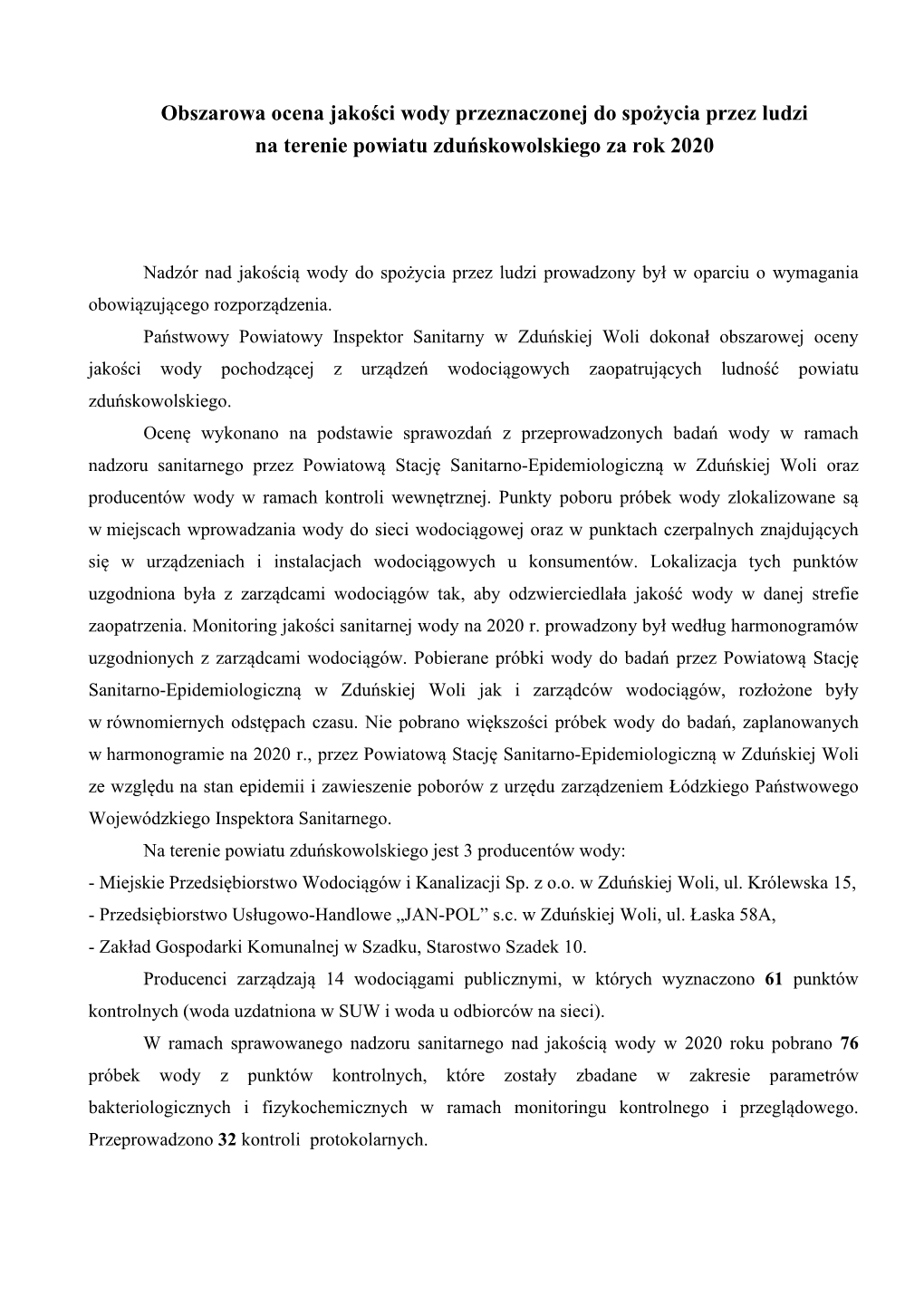 Obszarowa Ocena Jakości Wody Przeznaczonej Do Spożycia Przez Ludzi Na Terenie Powiatu Zduńskowolskiego Za Rok 2020