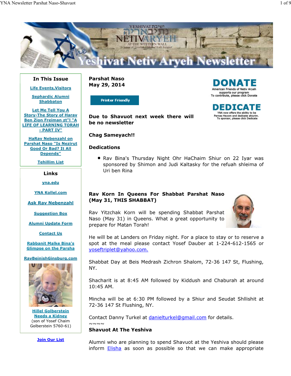 YNA Newsletter Parshat Naso-Shavuot 1 of 9