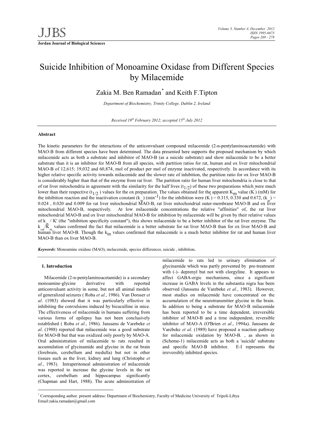 Suicide Inhibition of Monoamine Oxidase from Different Species by Milacemide