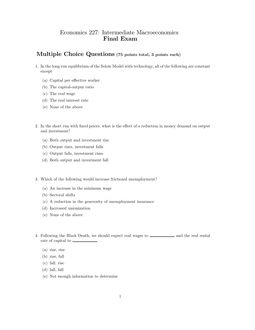 Intermediate Macroeconomics Final Exam