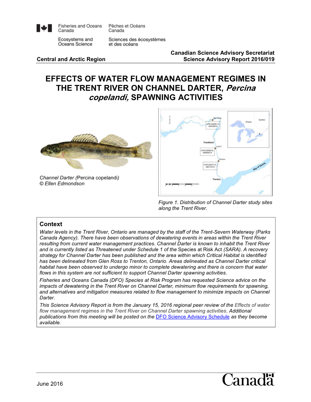 EFFECTS of WATER FLOW MANAGEMENT REGIMES in the TRENT RIVER on CHANNEL DARTER, Percina Copelandi, SPAWNING ACTIVITIES