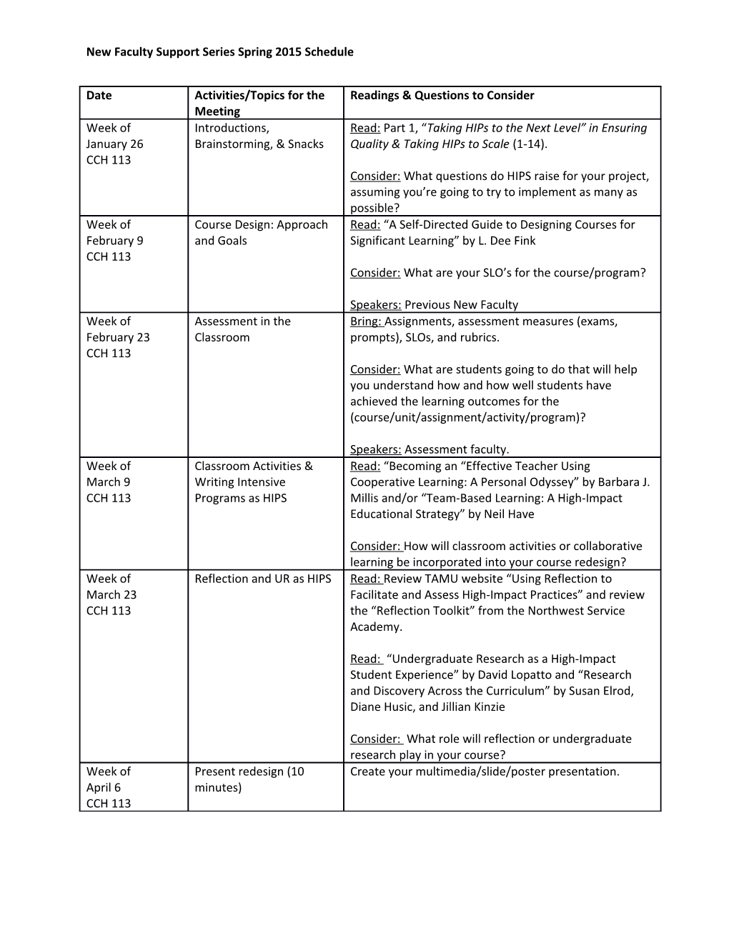 New Faculty Support Series Spring 2015 Schedule