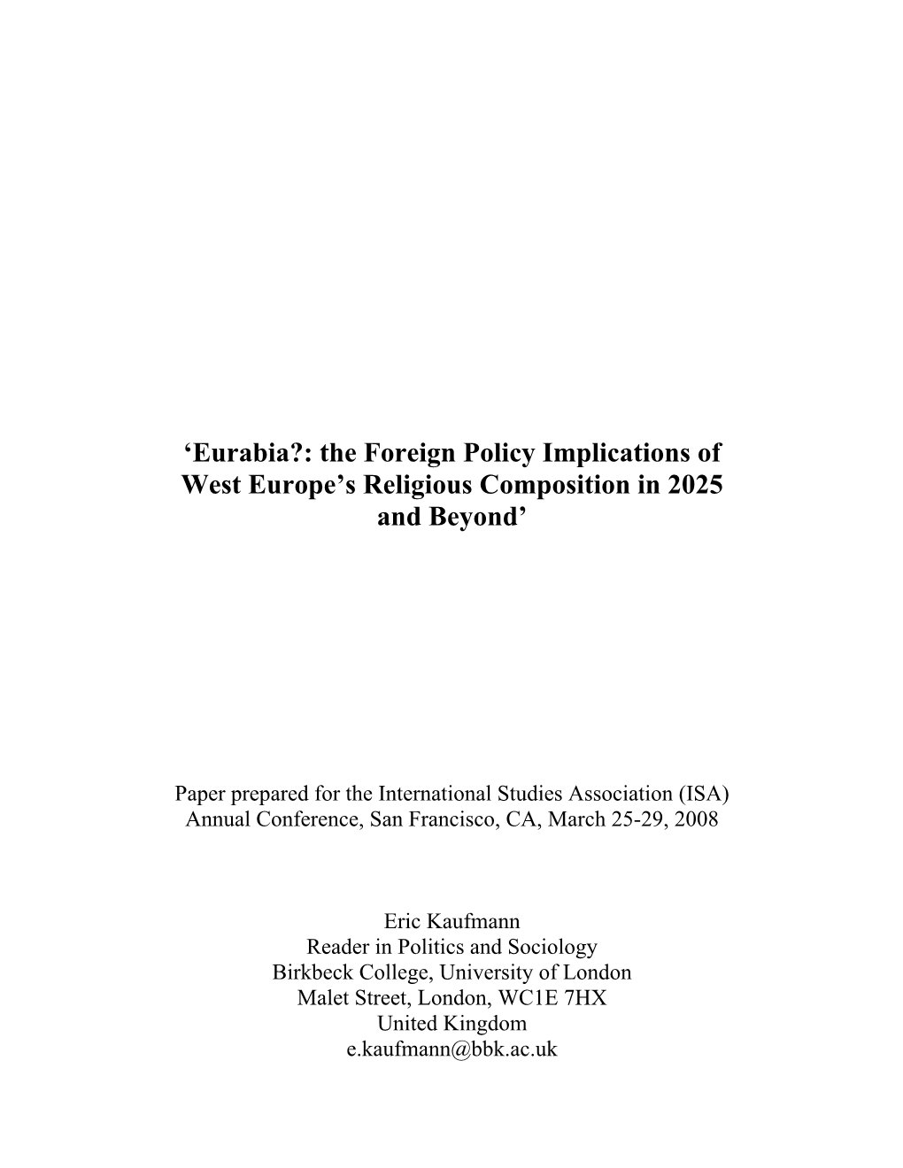 'Eurabia?: the Foreign Policy Implications of West Europe's