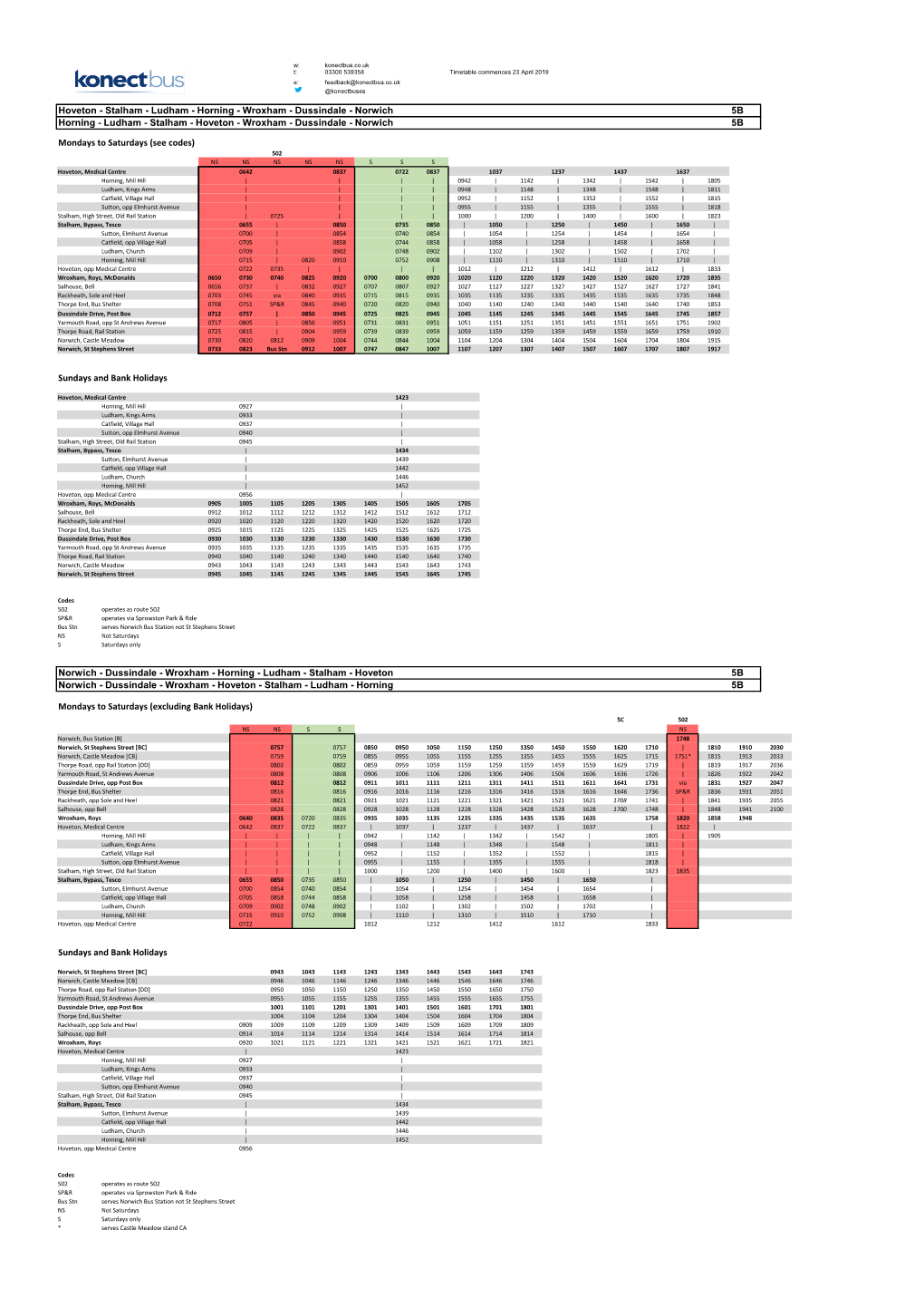 Dussindale - Norwich 5B Horning - Ludham - Stalham - Hoveton - Wroxham - Dussindale - Norwich 5B