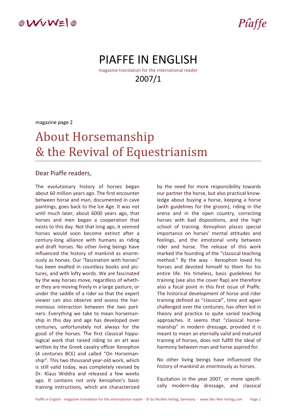 PIAFFE in ENGLISH About Horsemanship & the Revival Of