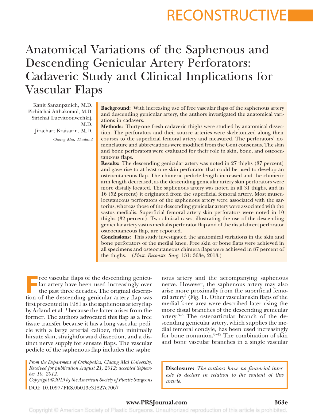 Anatomical Variations of the Saphenous and Descending Genicular Artery Perforators: Cadaveric Study and Clinical Implications for Vascular Flaps