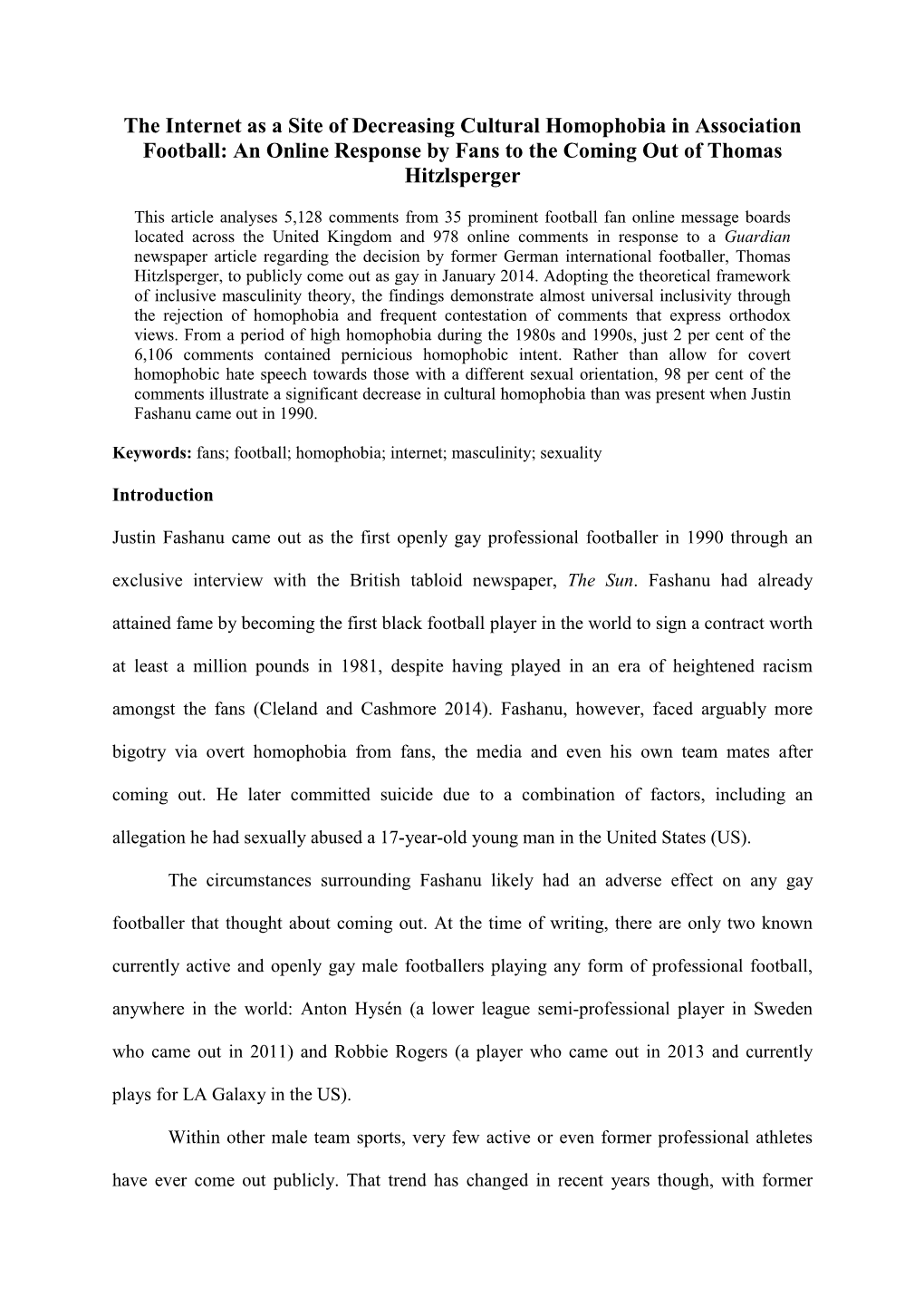 The Internet As a Site of Decreasing Cultural Homophobia in Association Football: an Online Response by Fans to the Coming out of Thomas Hitzlsperger