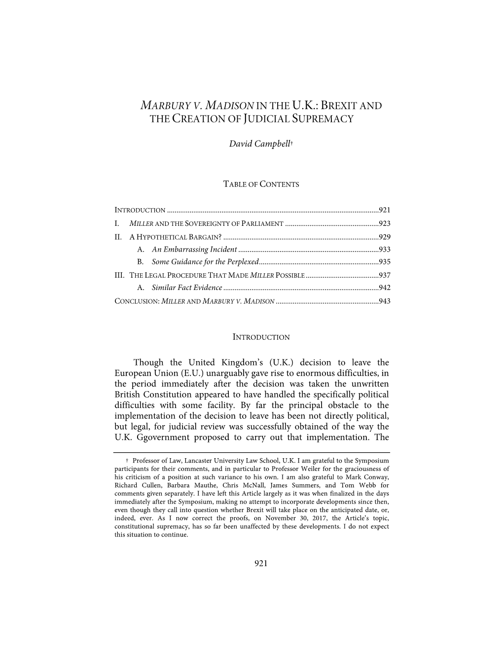 Marbury V. Madison in the U.K.: Brexit and the Creation of Judicial Supremacy