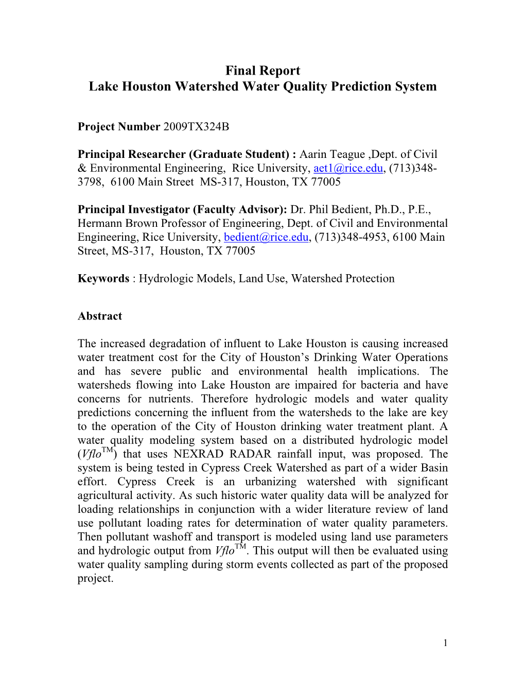 Final Report Lake Houston Watershed Water Quality Prediction System