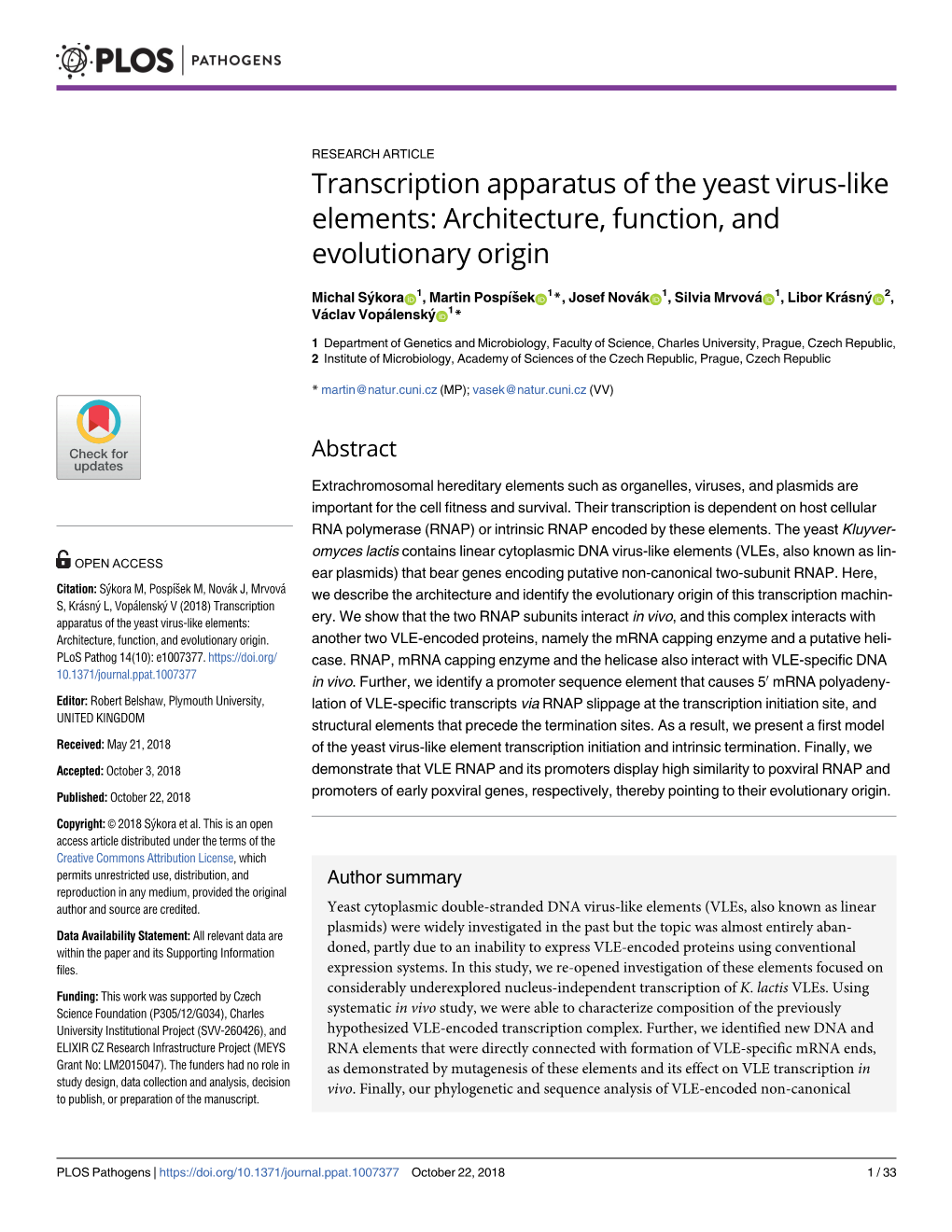 Transcription Apparatus of the Yeast Virus-Like Elements: Architecture, Function, and Evolutionary Origin