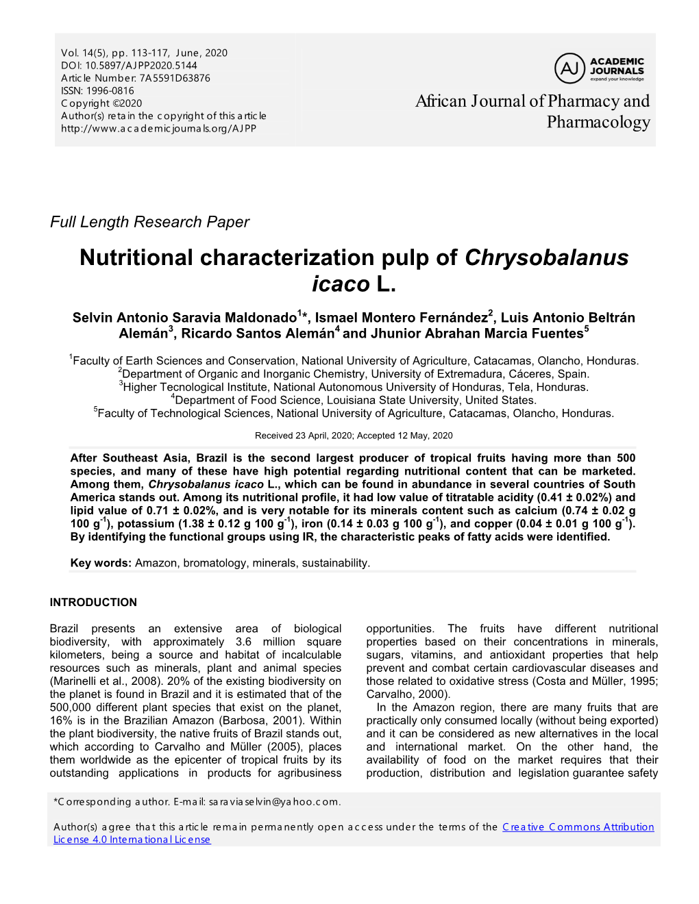 Nutritional Characterization Pulp of Chrysobalanus Icaco L