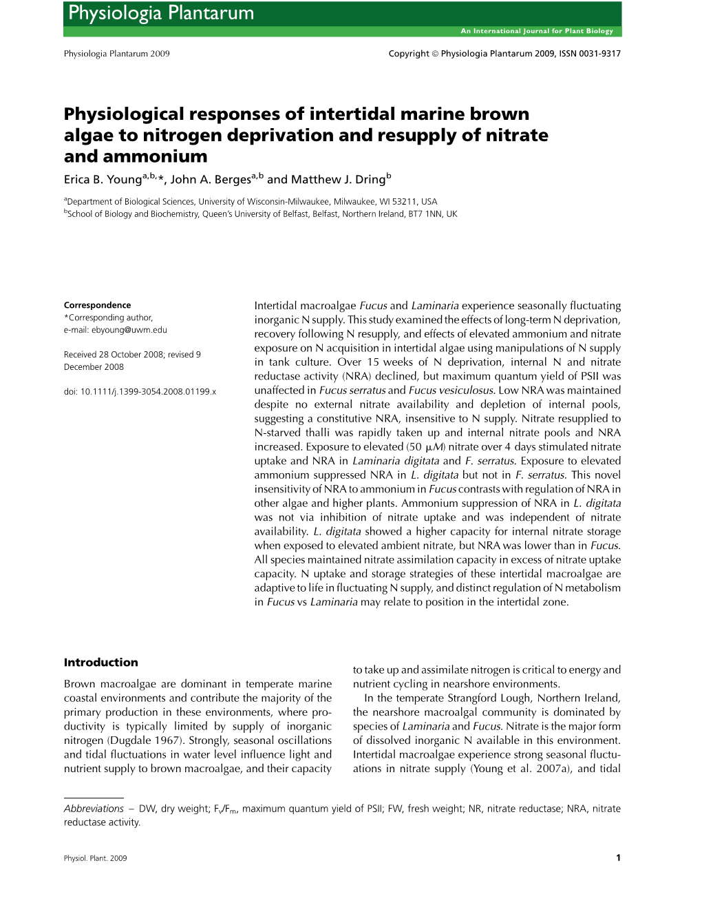 Physiological Responses of Intertidal Marine Brown Algae to Nitrogen Deprivation and Resupply of Nitrate and Ammonium Erica B