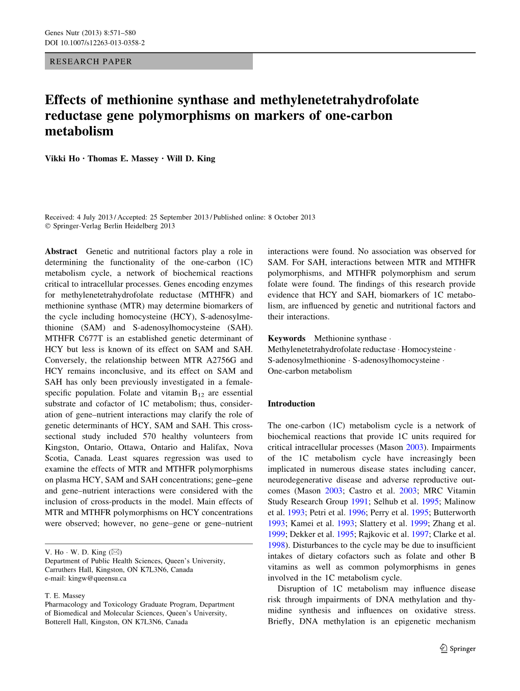 Effects of Methionine Synthase and Methylenetetrahydrofolate Reductase Gene Polymorphisms on Markers of One-Carbon Metabolism