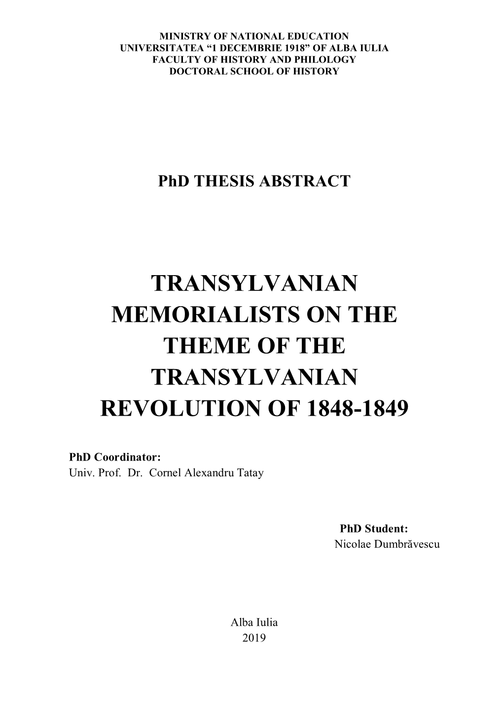 Transylvanian Memorialists on the Theme of the Transylvanian Revolution of 1848-1849