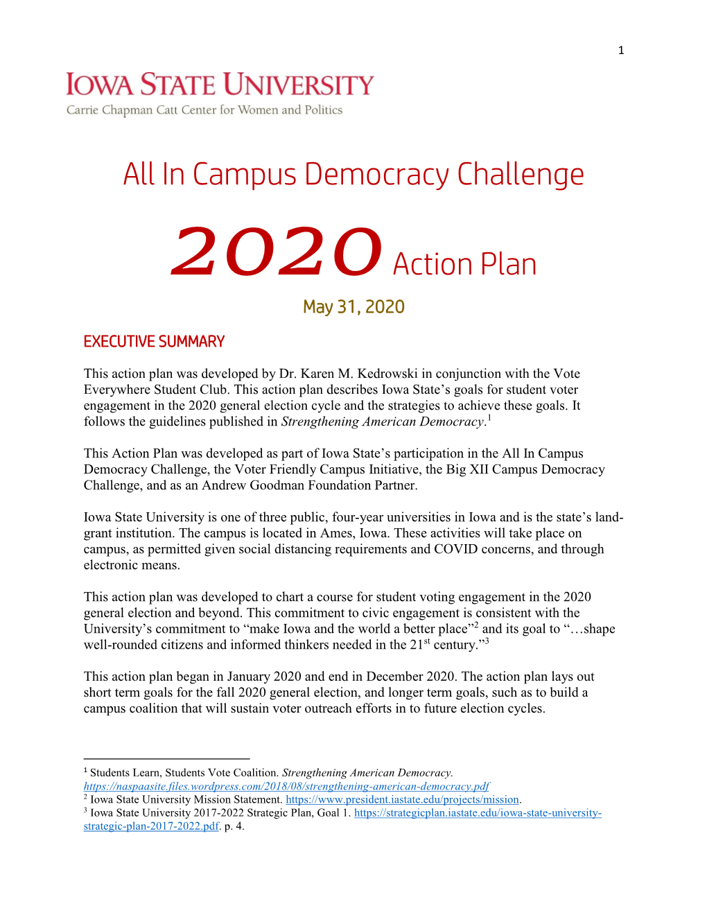 All in Campus Democracy Challenge 2020Action Plan