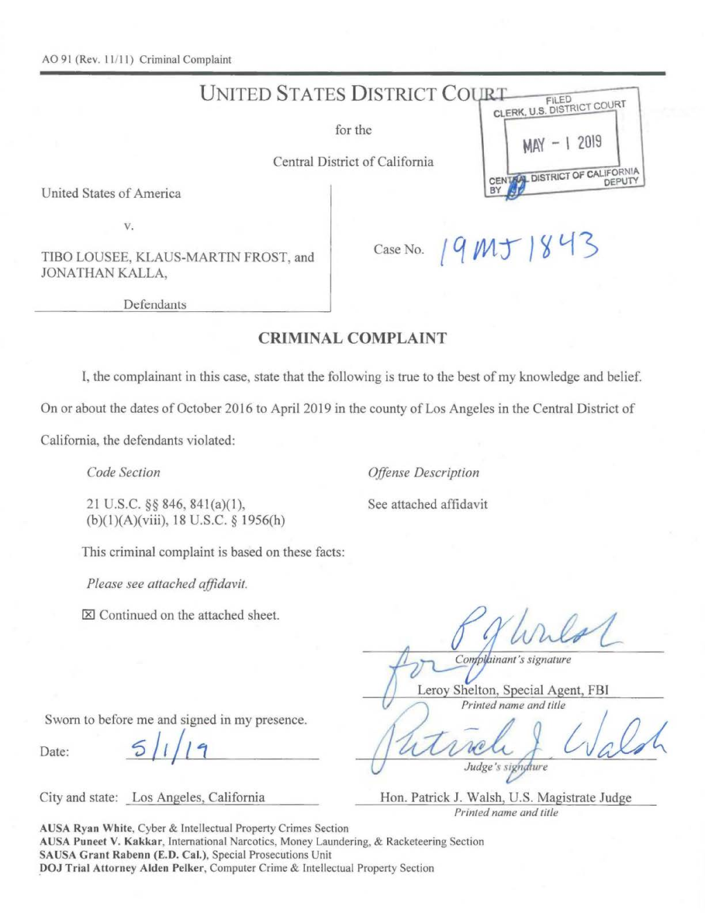 Download Criminal Complaint Filed in the Central District of California
