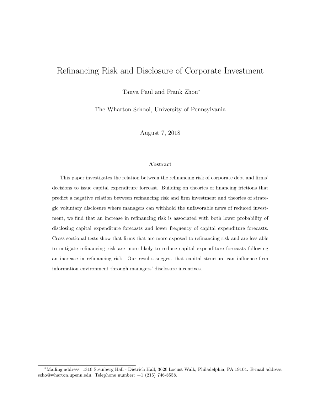 Refinancing Risk and Disclosure of Corporate Investment