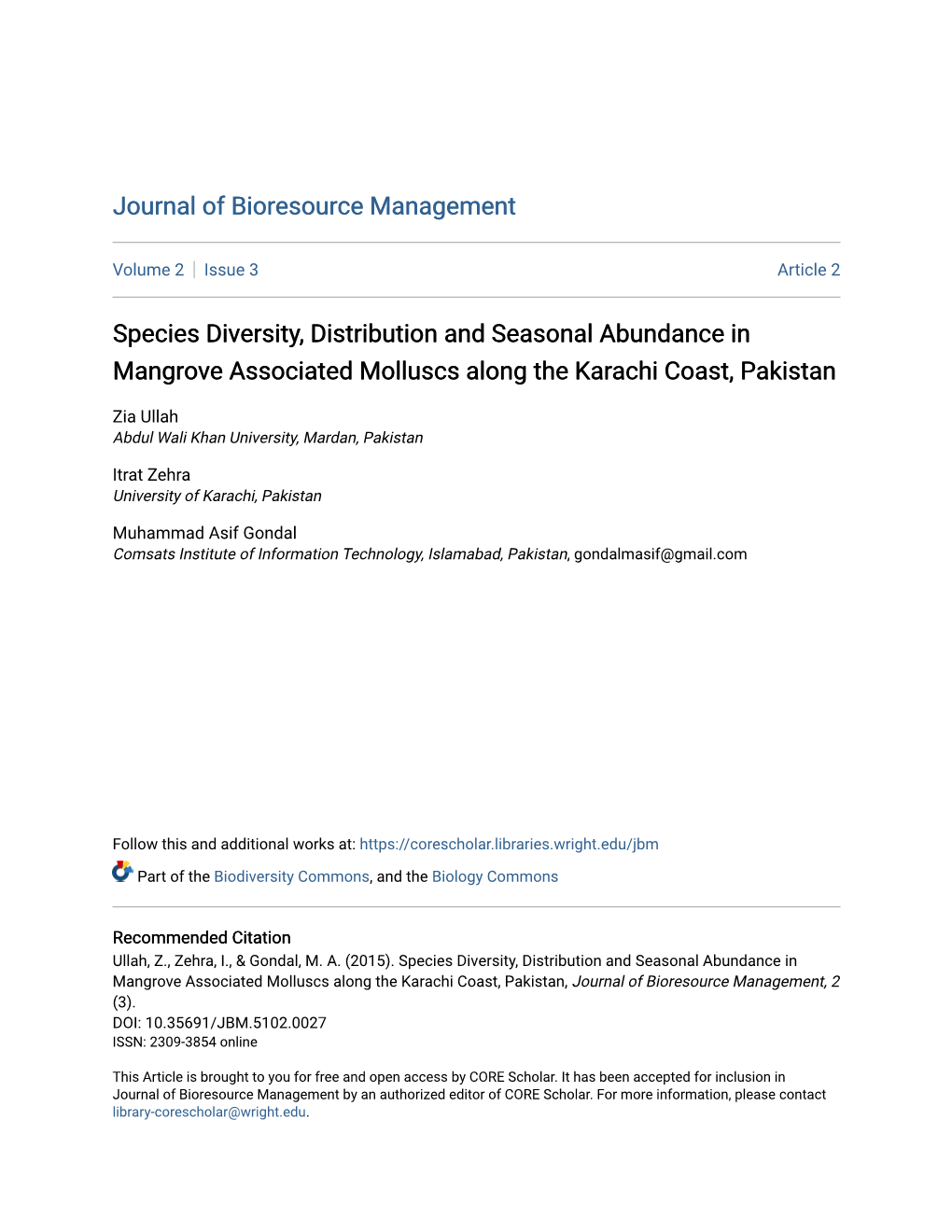 Species Diversity, Distribution and Seasonal Abundance in Mangrove Associated Molluscs Along the Karachi Coast, Pakistan