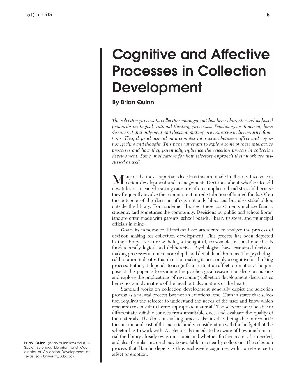Cognitive and Affective Processes in Collection Development by Brian Quinn