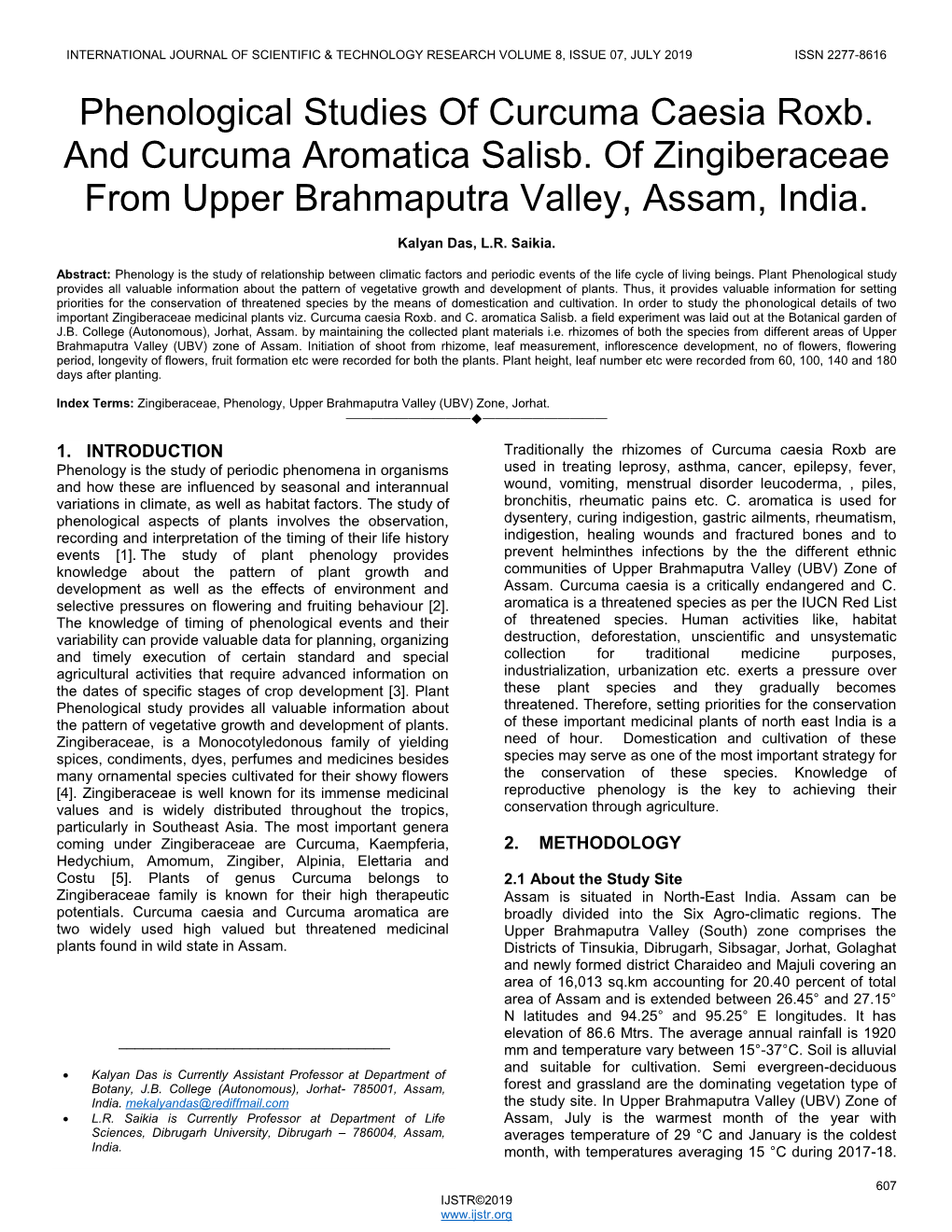 Phenological Studies of Curcuma Caesia Roxb. and Curcuma Aromatica Salisb