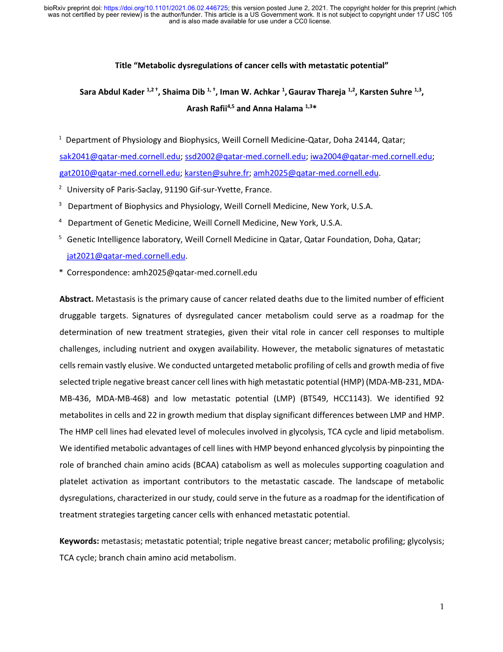 “Metabolic Dysregulations of Cancer Cells with Metastatic Potential”